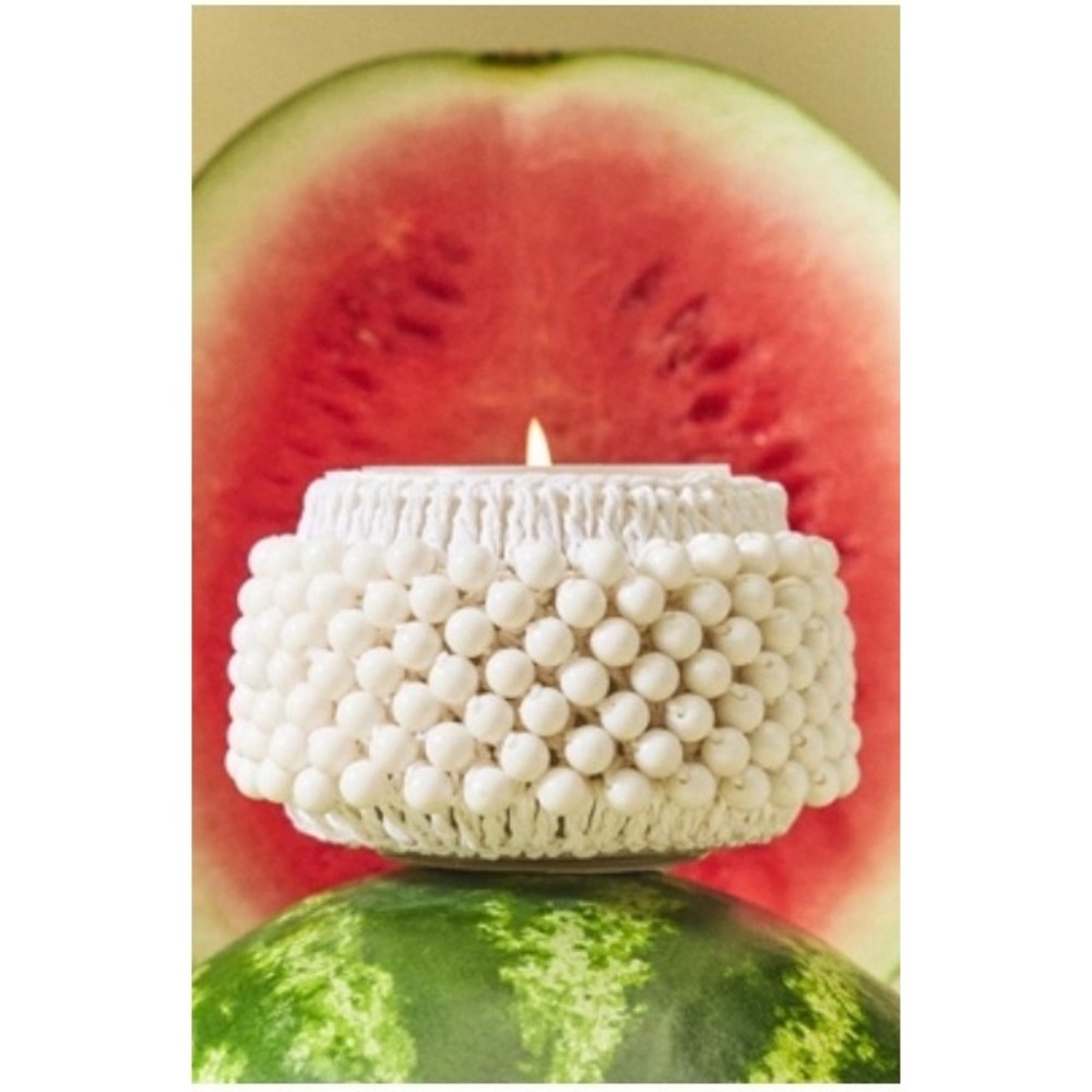 Anthropologie Gather Candle Beaded White Woven Melon & Mint Fruity Jar 30 Hours